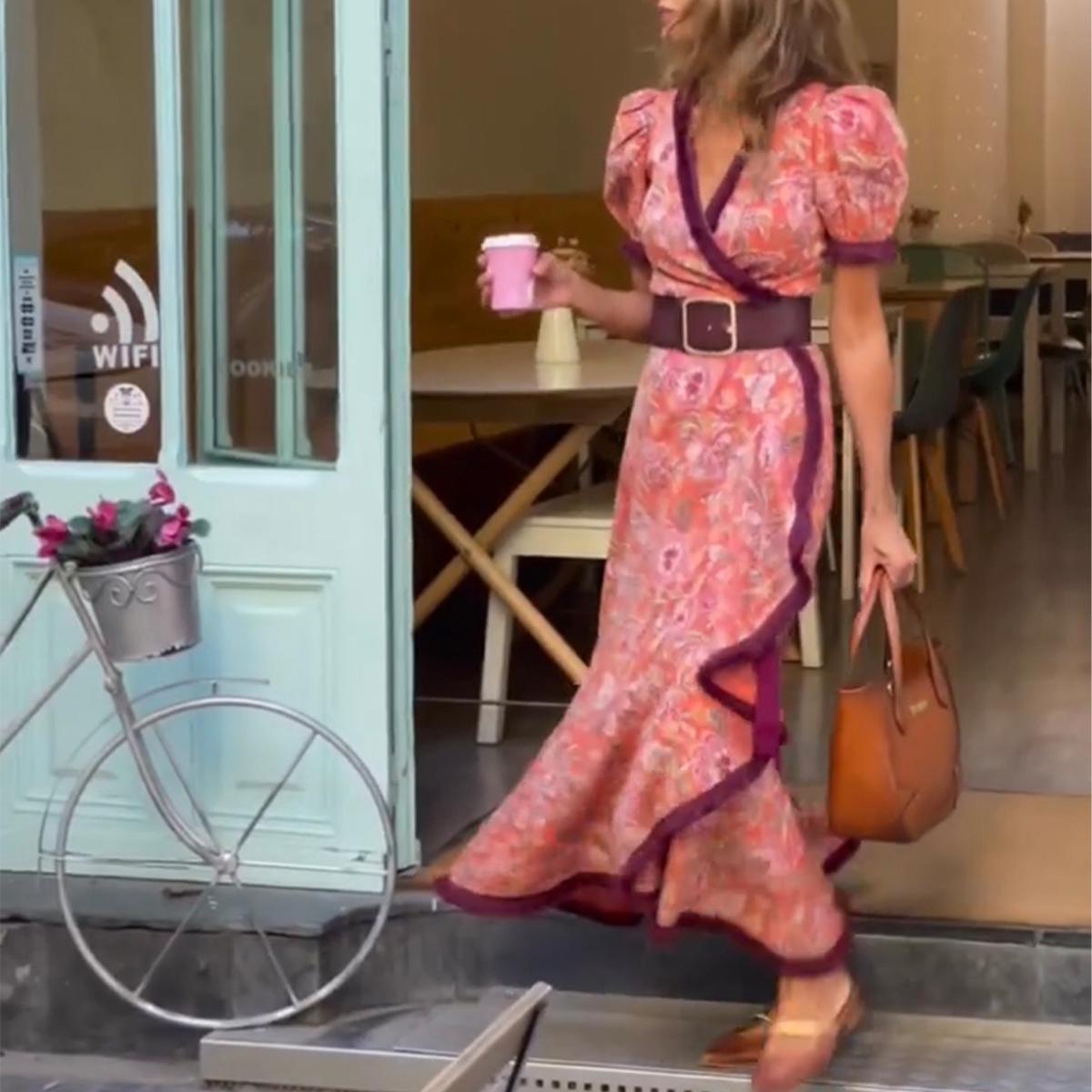 Teodora | Elegancka długa sukienka z bufiastymi rękawami